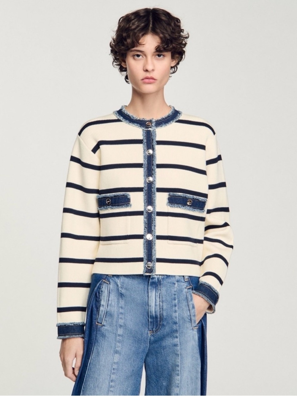 Sandro Cream and Black Striped Cropped Cardigan with Denim Trim
